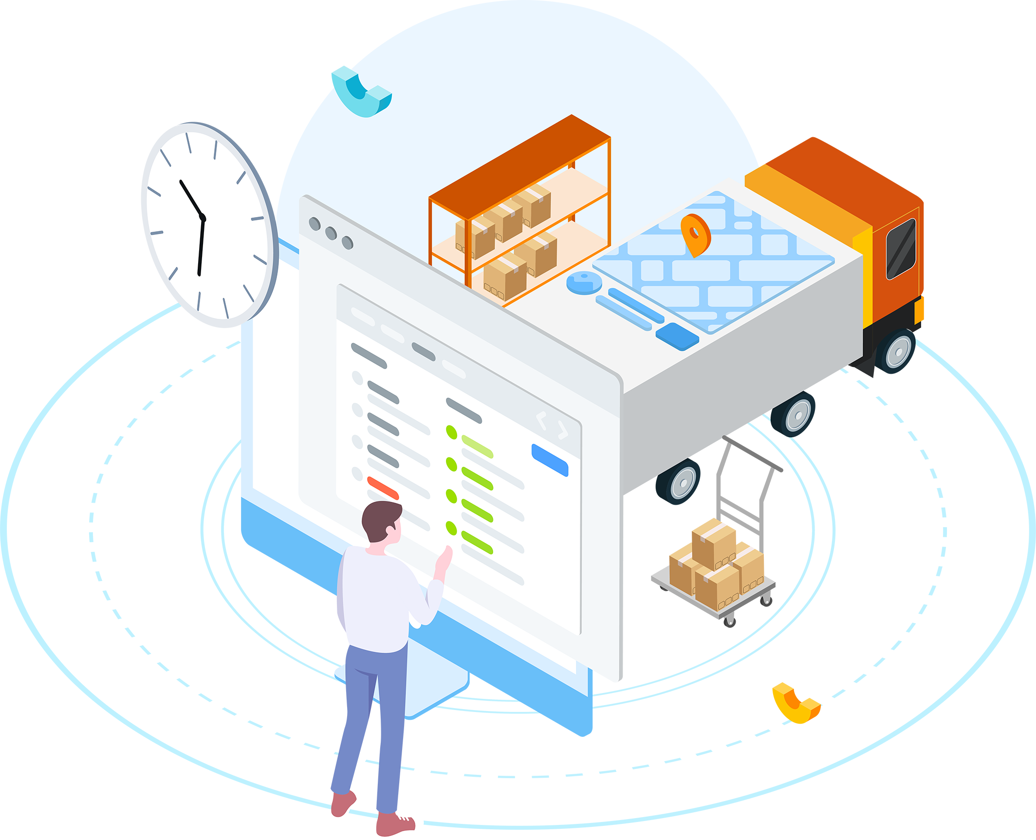 Умная логистика. Управление товарами. Finance elements vector isometric.